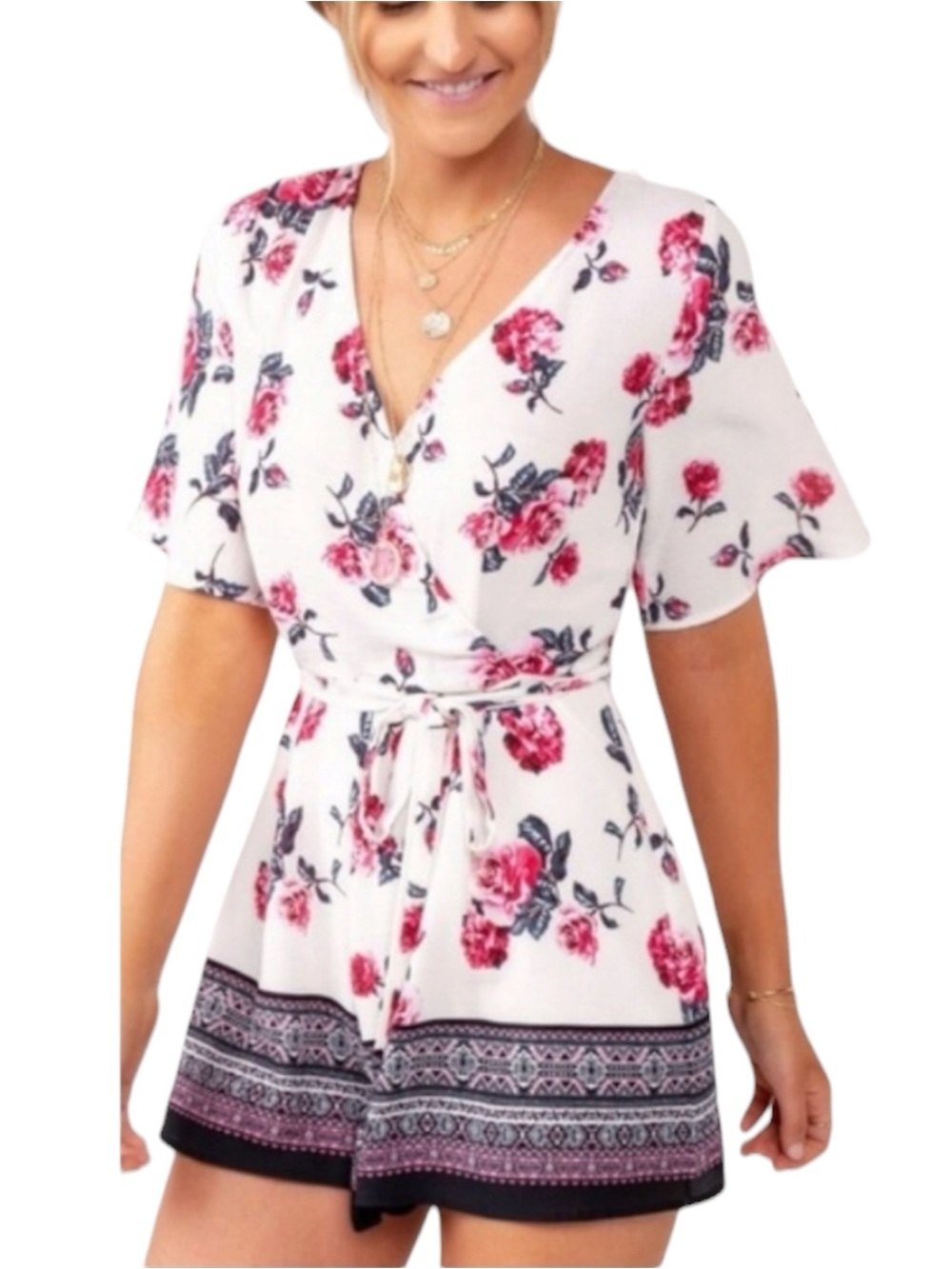 Trixxi Floral Surplice Romper Tie Waist Short Sleeve White Pink L Juniors